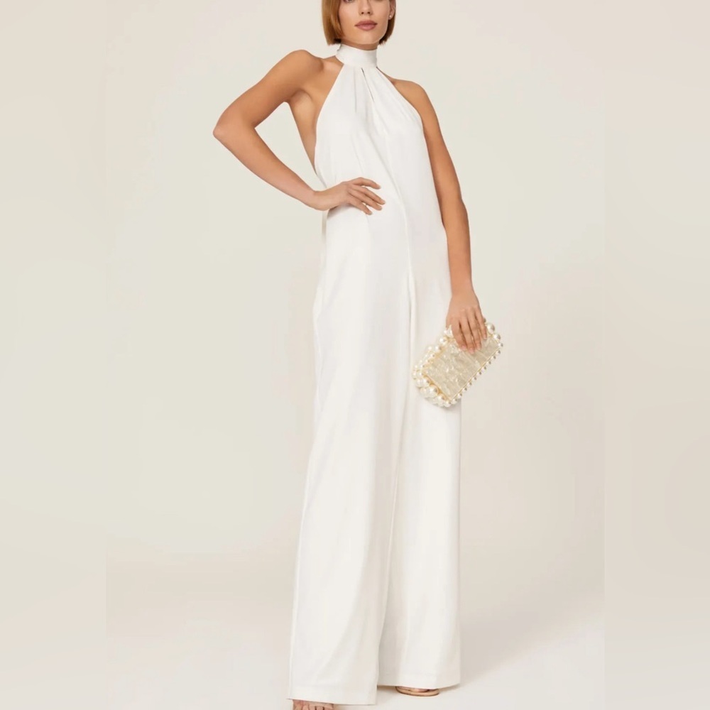 De La Vali Showbiz Halter Tie Neck Open Back Wide Leg Jumpsuit White Sz 10